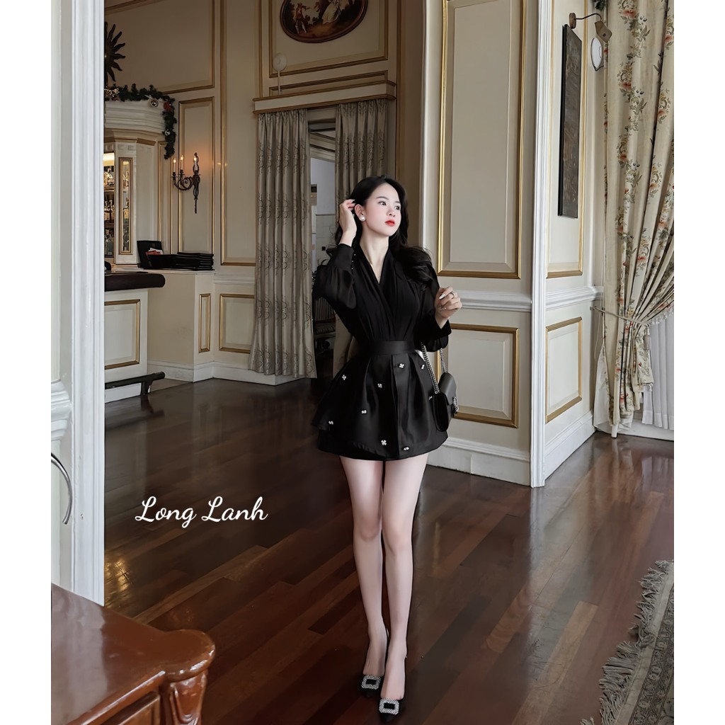 Set bộ đồ áo lụa sơ mi cổ V tay dài phối chân váy tacta dáng chữ A, set bộ đồ nữ cổ V xếp ly phối váy đính đá sang chảnh