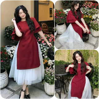  Sét Áo Dài Cách Tân Nhung Tăm Mặc Tết 2025 Gồm Áo Dài Nhung Tay Xoè + Chân Váy Xoè Dài 