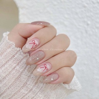  Móng tay giả thiết kế mắt mèo nude C223 mix nơ đỏ dễ thương by Cici.nailbox có thể đổi form 