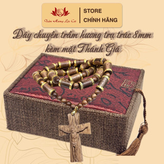   LC-DC06  Dây chuyền kèm mặt thánh giá trầm hương Lộc Cát size hạt trúc 8mm dành cho khách đạo thiên chúa 