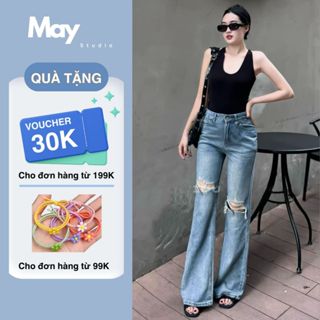 Quần Jean Ống Loe Cạp Cao Rách Gối May Studio, Quần Bò Dáng Loe Tôn Dáng S084