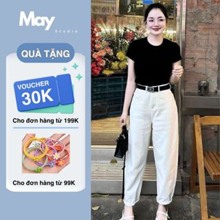 Quần Jean Baggy Màu Trắng Cạp Cao May Studio, Quần Baggy Trơn Phong Cách Hàn Quốc HL202