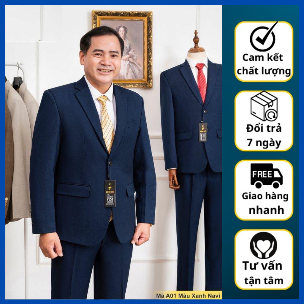 Bộ Vest Nam Trung Niên Hồng Ngọc Cao Cấp, Vest Trung Tuổi dáng suông hai khuy ( Tặng Cà Vạt )