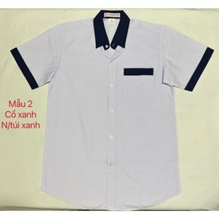 Đồng phục học sinh bé trai tiểu học - Áo sơ mi nam cổ phối xanh đẹp 2025