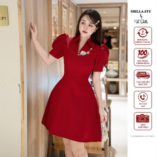 Váy thiết kế cao cấp màu đỏ cổ chữ V sang trọng [ Có video + Ảnh thật ] The Shilla - B23B60.58C8
