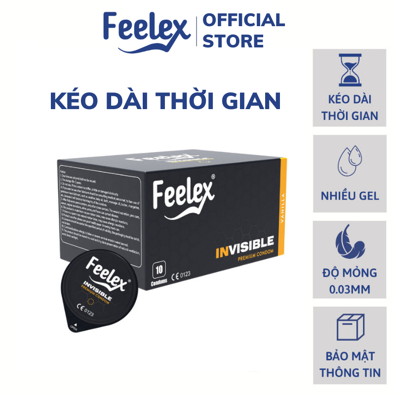 Bao Cao Su Feelex Invisible Siêu Mỏng, Nhiều Gel Bôi Trơn, Hương Thơm Size 52 - Hộp 10Bcs