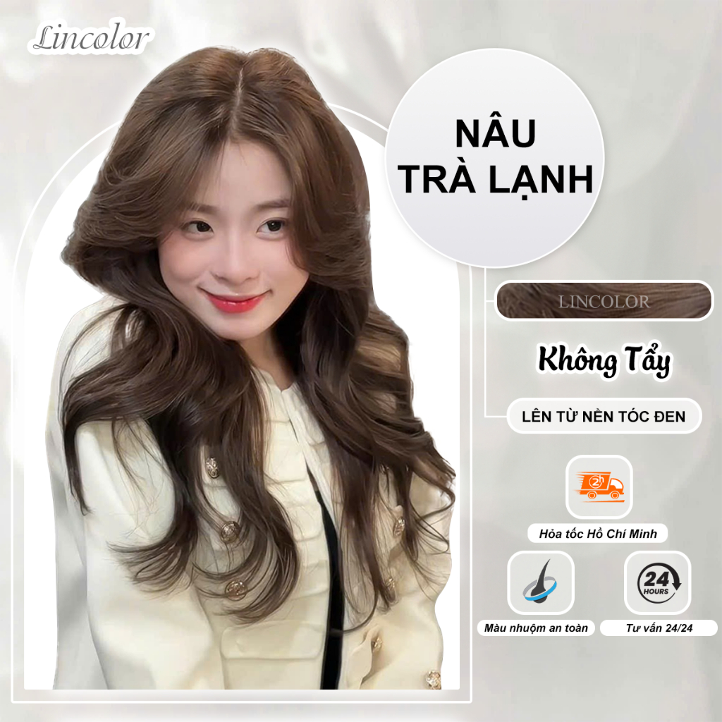 Thuốc nhuộm tóc, thuốc nhuộm tóc NÂU TRÀ LẠNH không tẩy, LIN_COLOR, tặng kèm oxy trợ nhuộm và bao tay,trùm đầu, bịt tai