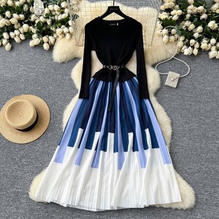 HA772 [Order] Váy dệt kim dài tay kiểu Pháp có khí chất nữ tính mùa thu đông hợp thời trang kèm belt