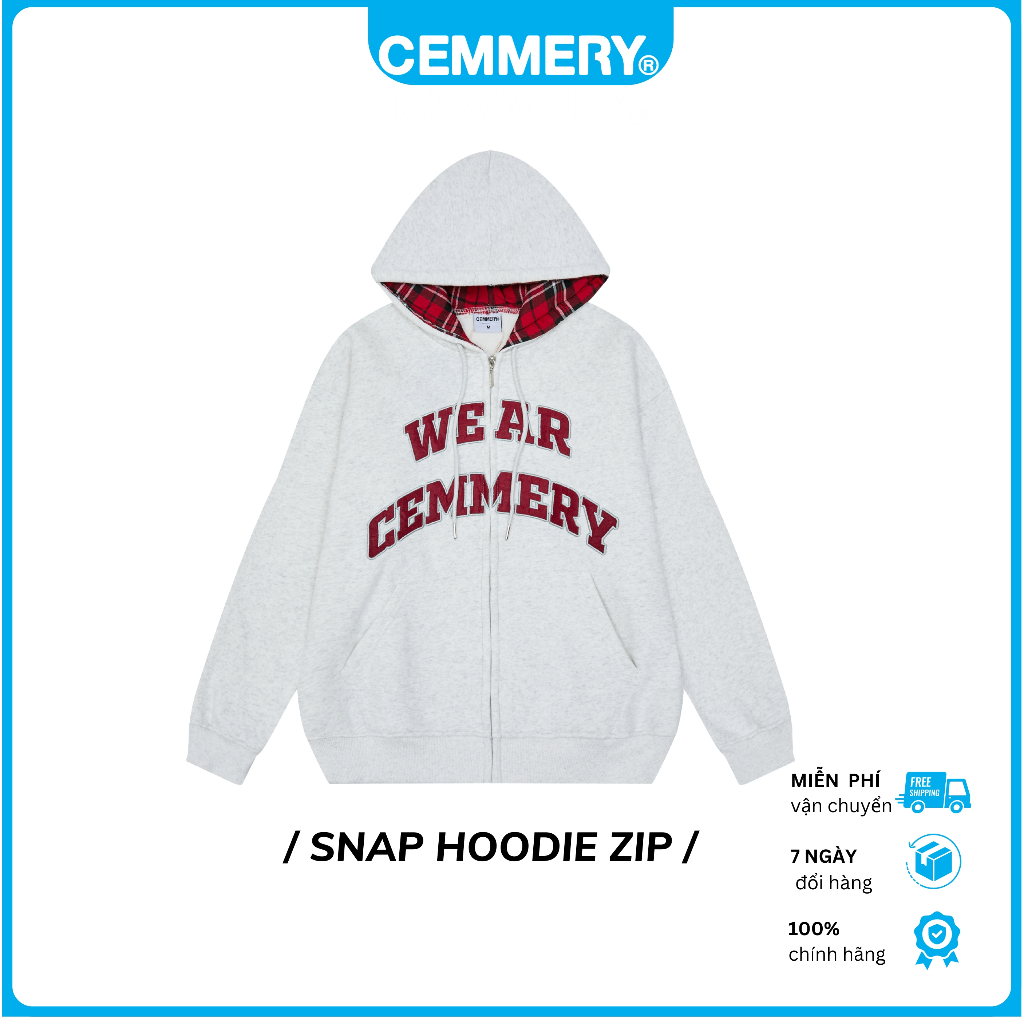 Hoodie CEMMERY Local Brand Chính Hãng Snap Hoodie Zip Màu Nỉ Bông Phối Nón Caro Màu Grey | BigBuy360 - bigbuy360.vn
