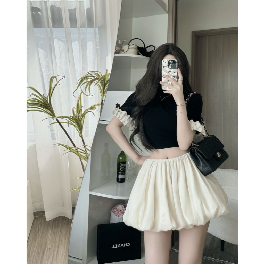 Set bộ đồ nữ áo cổ lọ tay phối ren trắng phối chân váy dáng bí, set bộ đồ nữ áo thun tay bèo mix chân váy xếp ly