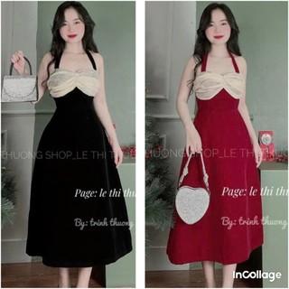 Đầm nhung dài hai dây cột nơ cổ phối voan ngực kiểu dáng trẻ trung xinh xắn