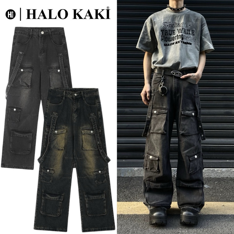 QUẦN JEANS BAGGY ỐNG RỘNG TÚI HỘP [VẢI CAO CẤP] STRAP BOX (8 Túi hộp phối đai ) HÀNG JEANS LOẠI 1 HALO KAKI | BigBuy360 - bigbuy360.vn