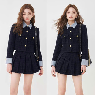  Sét Áo Dạ Dài Tay Màu Xanh Than + Chân Váy Xếp Ly KANGSOOSTORE Sét Váy Chất Liệu Dạ Tweed Đẹp Sang Trọng VDKS240024 