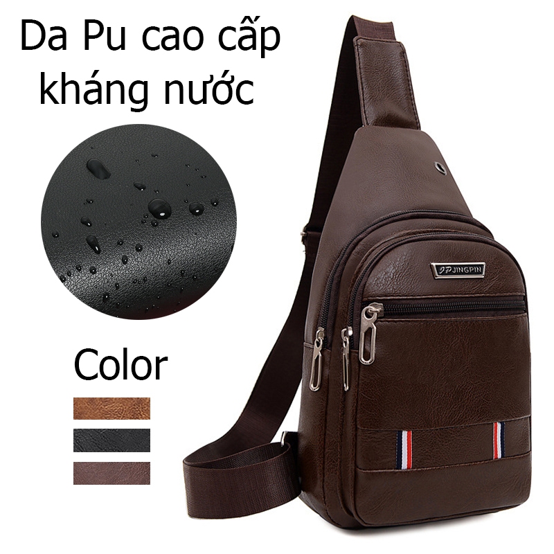 Túi nam đeo chéo da PU chống nước 3 ngăn, có lỗ nhét tai nghe hợp đi chơi, phượt, du lịch  thời trang hàn quốc S2 T244