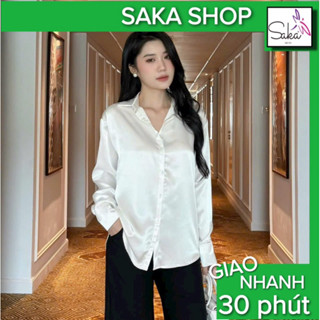 Áo sơ mi lụa nữ tay dài from rộng vải dày mịn mát không nhăn