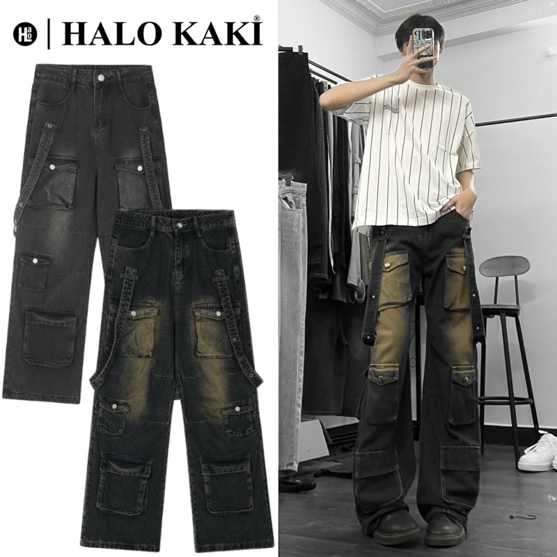 QUẦN JEANS BAGGY ỐNG RỘNG TÚI HỘP [VẢI CAO CẤP] STRAP BOX (8 Túi hộp phối đai ) HÀNG JEANS LOẠI 1 HALO KAKI | BigBuy360 - bigbuy360.vn