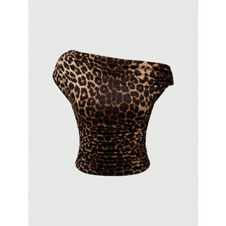 (Sẵn đen M) Áo Thun Nữ Lệch Vai Form Fit Hoạ Tiết Da Báo Sexy Y2K