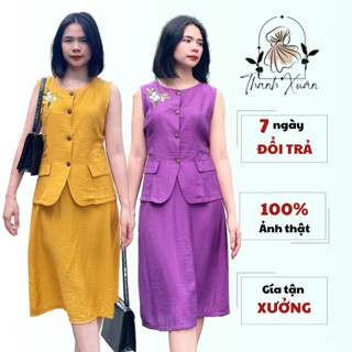 Bộ sát nách chân váy thêu hoa Set váy sát nách gồm áo và chân váy đầm trung niên quà 20/10 quà tặng mẹ big size cỡ lớn