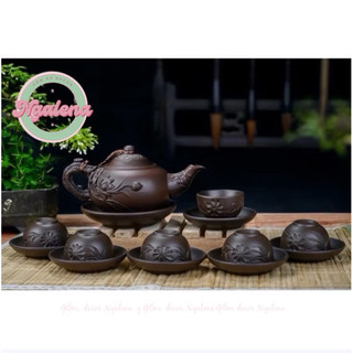 Bộ ấm chén đắp hoa sen tử sa Bát Tràng