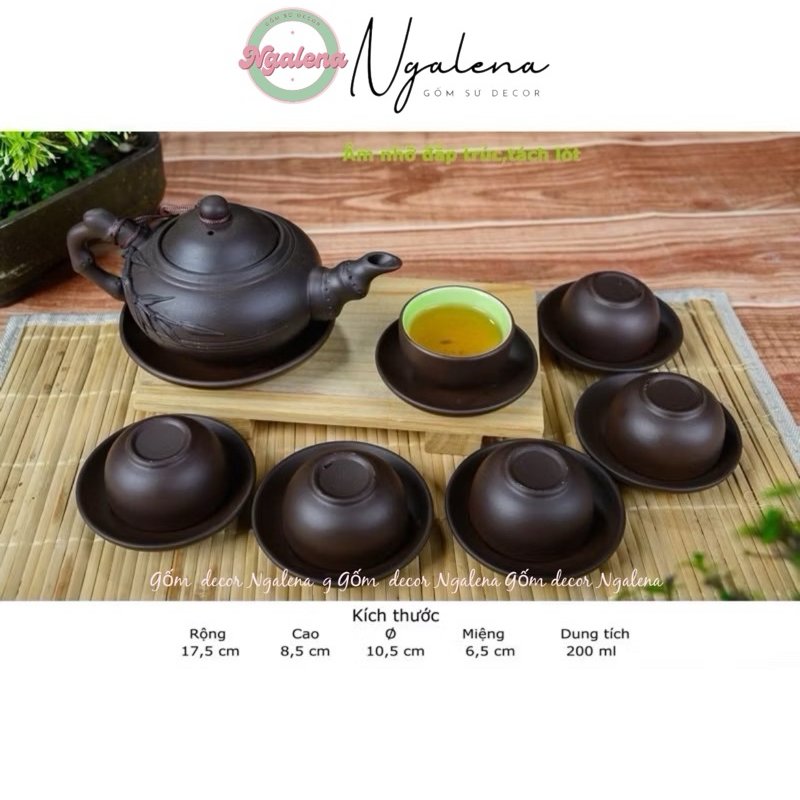Bộ ấm chén gốm tử sa đắp trúc