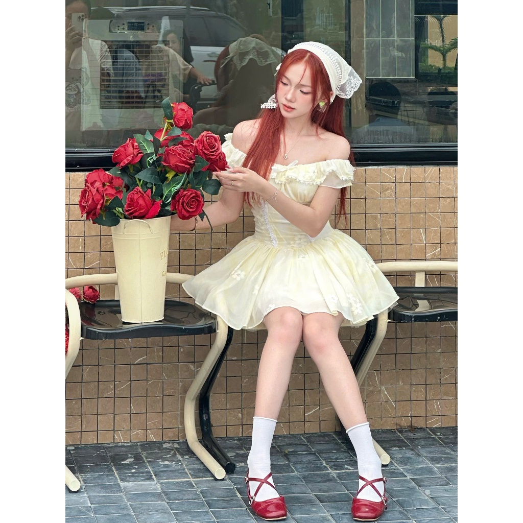 Váy Xoè Trễ Vai Dáng Ngắn Tơ Thêu Hoa Nổi BaBy HH87 Haluu Store | BigBuy360 - bigbuy360.vn