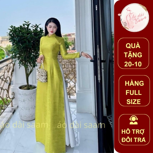 Áo dài truyền thống Thanh Hương Saam màu cốm Tay dài cổ,form truyền thống chất liệu lụa vân pháp