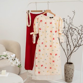  Áo dài Bigsize nữ cách tân kiểu tay cột nơ kèm quần cho nàng mặc tết chụp ảnh đi lễ 50-90kg - LUCY Bigsize  1157   