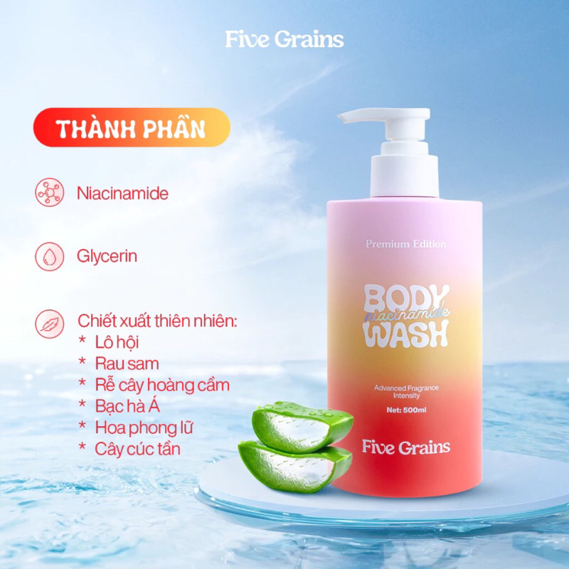 Sữa Tắm Five Grains Body Wash 500ml Tắm Sạch Và Dưỡng Sáng Da Với Niacinamide Giúp Trắng Da Mềm Mịn 
