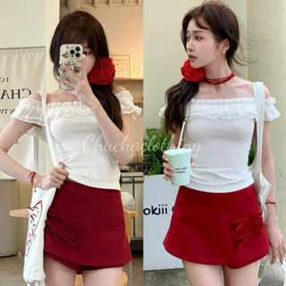 Set áo trắng trễ vai bèo kèm chân váy đỏ ngắn hàng QC xinh lung linh - Chuchaclothing