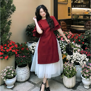 Sét Áo Dài Cách Tân Nhung Tăm Đỏ Mẫu Mới 2025 Kèm Chân Váy Tơ Xốp