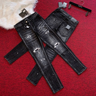 Quần jean bò nam Dsq2 4 cúc khắc chữ hãng wash rách vá vải phối loang màu vân sóng