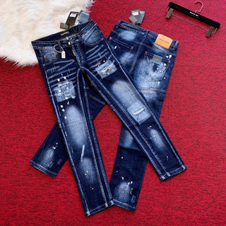  Quần jean bò nam Dsq2 dệt nối biker wash rách loang sóng vảy sơn xung quanh kèm hoạ tiết vá giả 