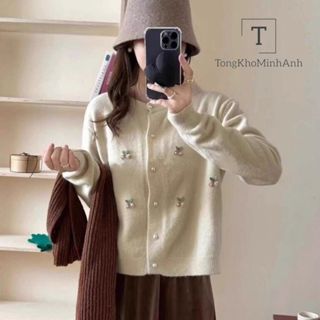 Áo Khoác Len Dệt Kim, Áo Cadigan Len Lông Thỏ Chất Mềm Cổ Tròn Dáng Rộng Phối Quả Cherry Phong Cách Dễ Thương Tongkhomin