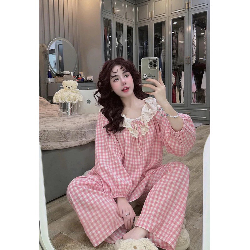 Bộ Pijama Tay Dài Cao Cấp❤️ Bộ Mặc Nhà Kẻ Hồng Xinh Xắn Tiểu Thư Freesize