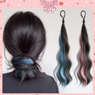 Tóc giả cột thun tóc xù phối light xám xanh hồng cột đuôi 2 bên tạo búi T528