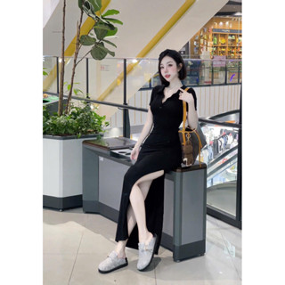 đầm body xẻ cổ trụ phối nút dáng dài bigsize 40-120kg