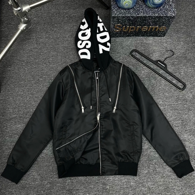 Áo khoác mũ nam nữ Dsq vải gió dù khoá zip hai vai phối mũ nỉ bông in chữ viền trần bông