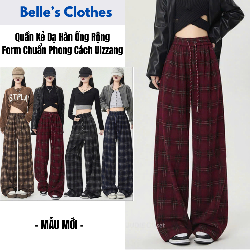 Quần Kẻ Ống Rộng Chất Dạ Hàn Cạp CHun Kèm Rút Mẫu Mới Loại 1 Chuẩn From Belle's Clothes