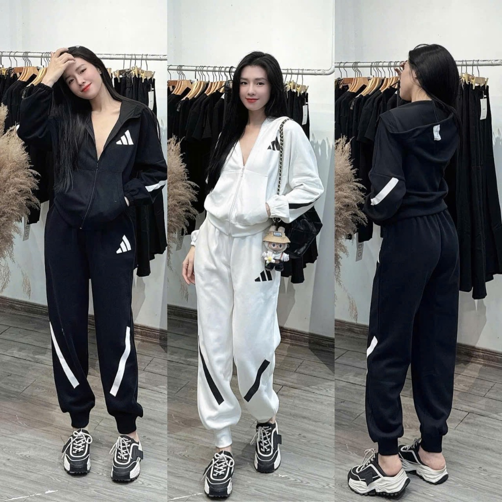 Set đồ bộ thể thao nữ thu đông AD..IDAS nỉ umi kéo khoác có mũ năng động, trẻ trung