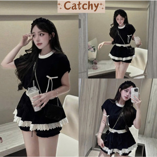 Set áo cánh dơi cổ viền trắng đính nơ phối chân váy tầng ren có quần dáng bí bồng xinh xắn CATCHY