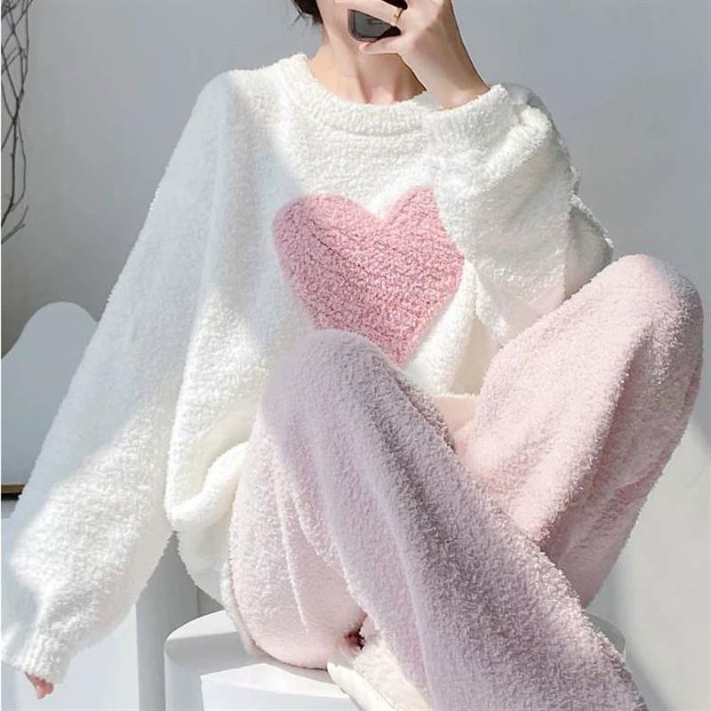 Bộ Đồ Ngủ Nữ Mùa Đông Dày Lông Cừu Tình Yêu Loungewear Bộ Mùa Đông