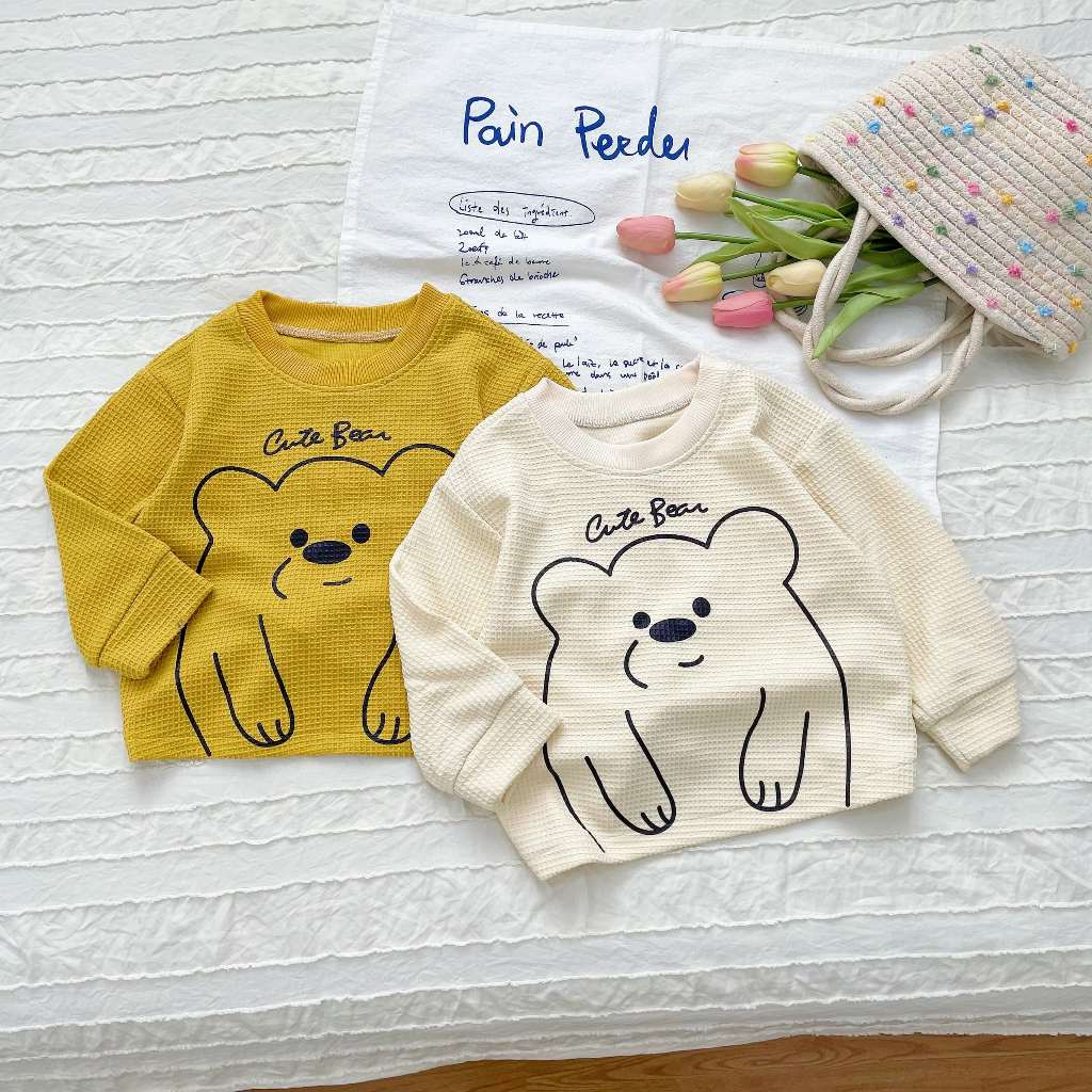 Áo Dài Tay Cute Bear Siêu Xinh Cho Bé, Áo Thu Đông Chất Nỉ Tổ Ong Cho Bé Từ 8-18kg