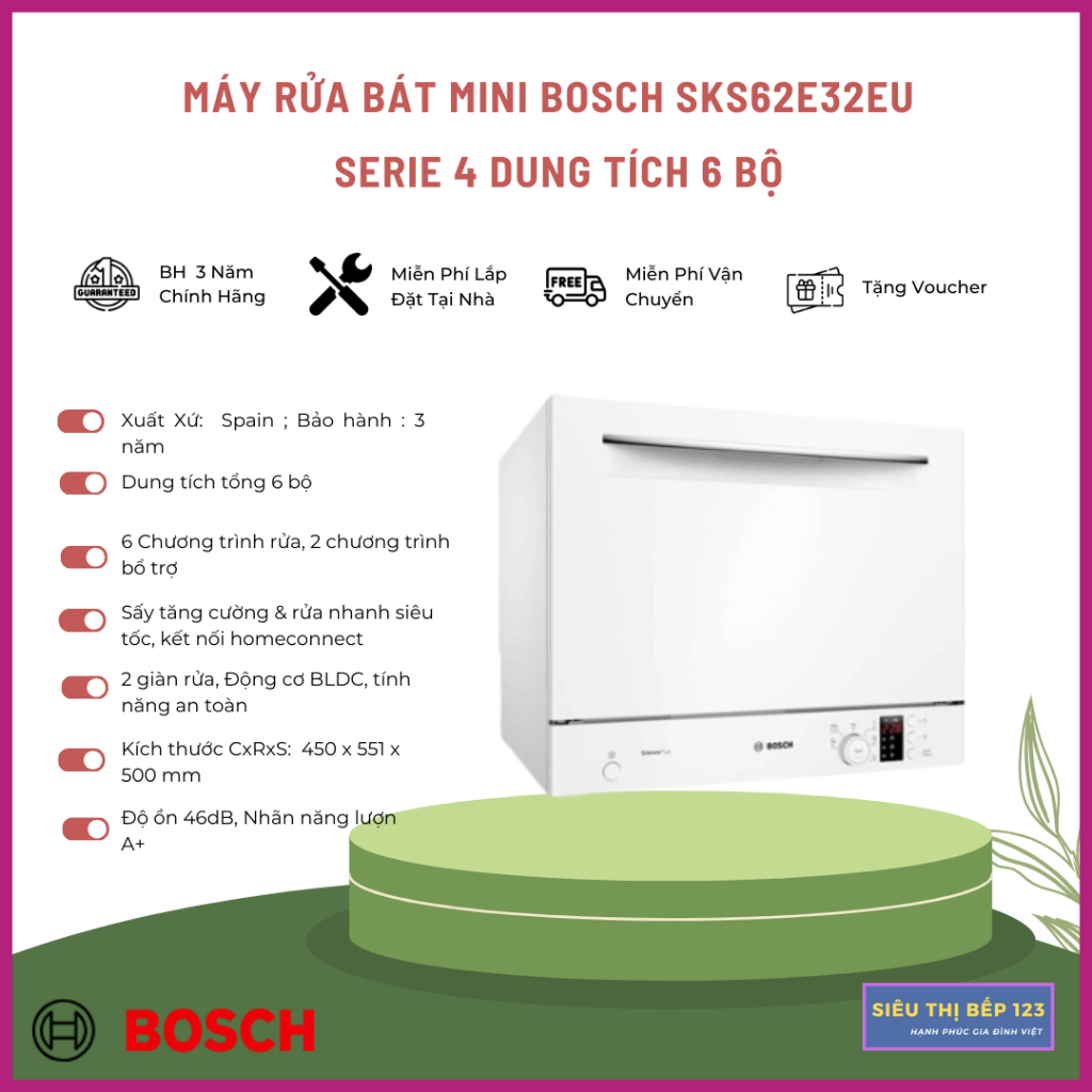 Máy Rửa Bát Mini Bosch SKS62E32EU Series 4, dung tích 6 bộ , bảo hành 3 năm chính hãng tại nhà