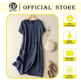 Đầm suông linen dáng chữ A cổ V tay lỡ xanh đen, chất thô mềm mát, thời trang phong cách Hàn Quốc