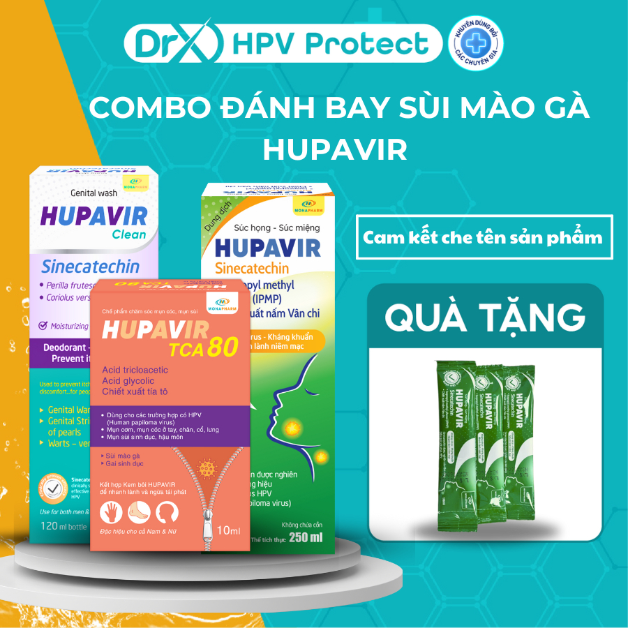 Combo bộ 3 chấm sùi mào gà TCA 80 Hupavir kèm súc họng và dung dịch vệ sinh Hupavir giảm sùi mào gà