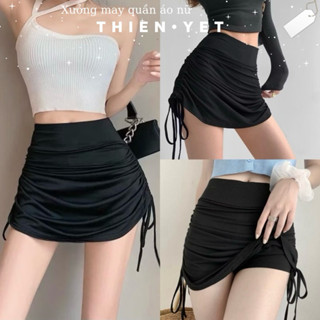 Chân váy ngắn cạp cao RÚT DÂY HAI BÊN THUN LẠNH (có quần trong) ôm body co giãn tốt nhảy múa đi chơi đi học // Thiên Yết