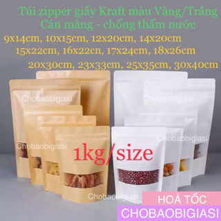 {Giá Sốc 1kg  size} Túi zipper giấy Kraft Màu VÀNG TRẮNG đáy đứng cửa sổ tràn có CÁN MÀNG - CHỐNG THẤM NƯỚC  sp y hình  