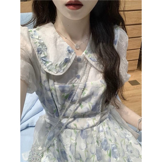 [ORDER] Váy Hoa Nữ Xanh phối Cổ Sơmi Phong Cách Tiểu Thư Voan 2 Lớp