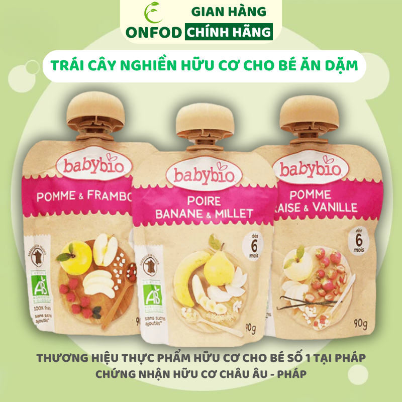 Trái cây nghiền hữu cơ cho bé Babybio ONFOD 90g ăn dặm cho bé từ 6 tháng tuổi