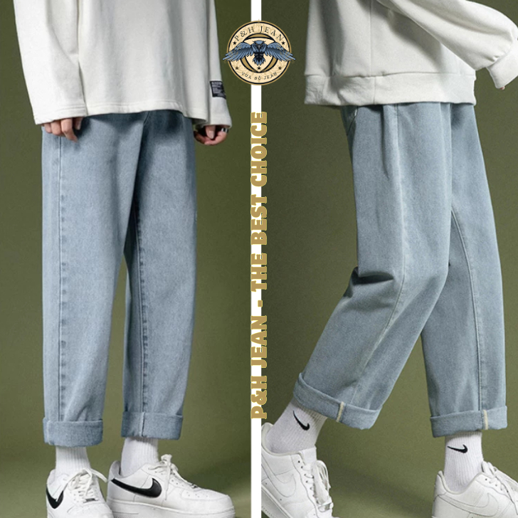 Quần Jean Nam Baggy Cạp Cao Trơn 3 Màu T1 P&H JEAN, Quần Jean Nam Ống Suông Chất Liệu Cao Cấp